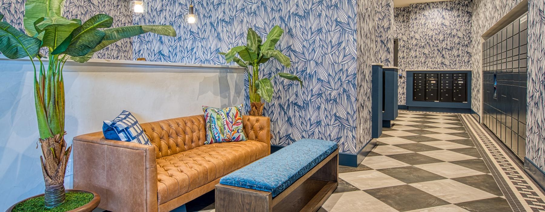 a room with a couch and a plants